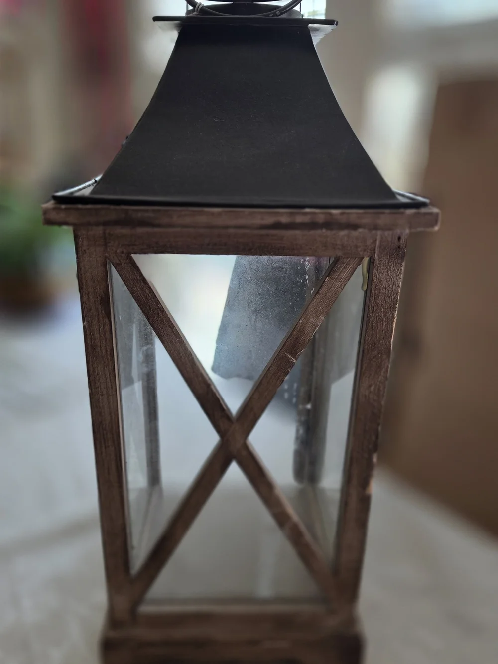 Rustic Brown Wood Lantern with Black Metal Top - Elegant Home Accent